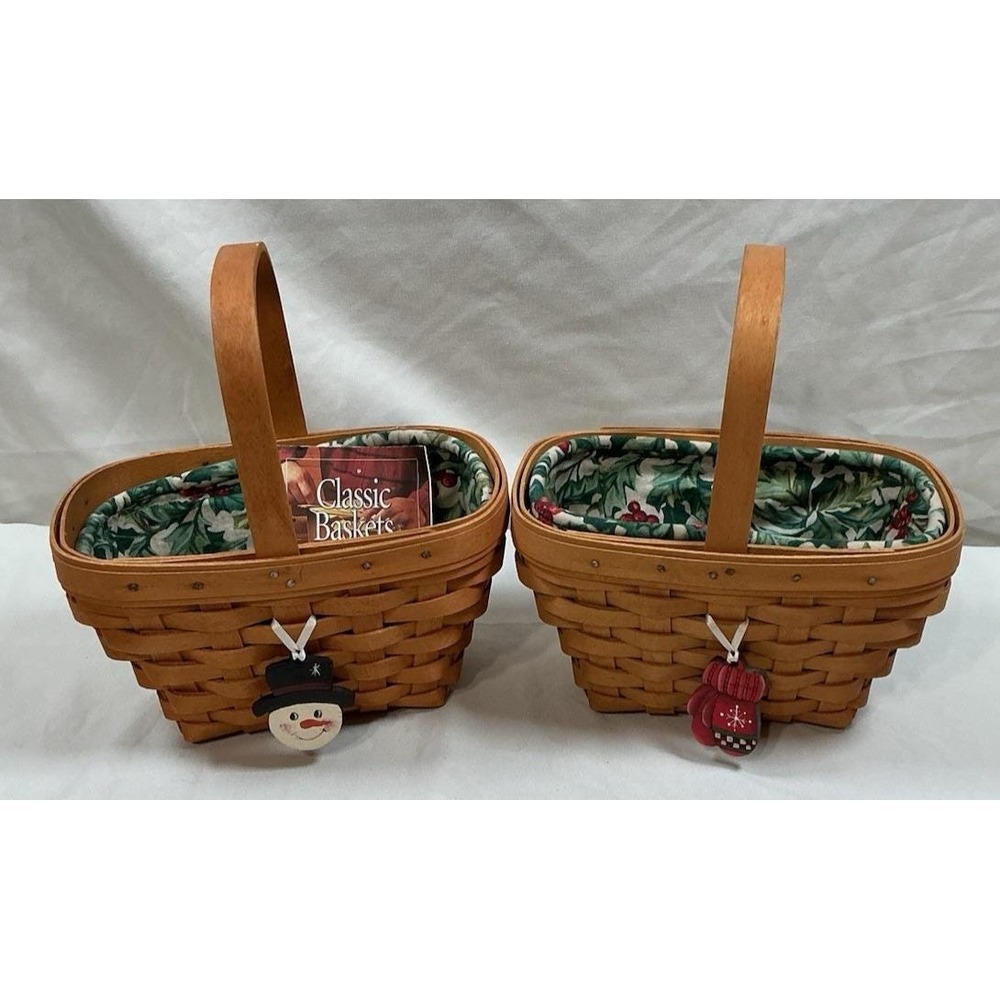 Pair Longaberger 2002 Christmas Baskets American Holly Linens Liners Signed